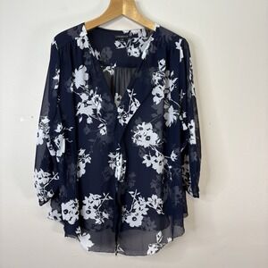 Lane Bryant Women's Plus Sz 26/28 Navy Blue Floral Sheer Flutter Roll Tab Blouse